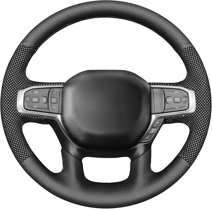MEWANT Hand-Stitched Steering Wheel Cover Wrap for Dodge Ram 1500 2019-2023 Steering Wheel Accessories for Dodge Ram(Backsides Without Buttons)