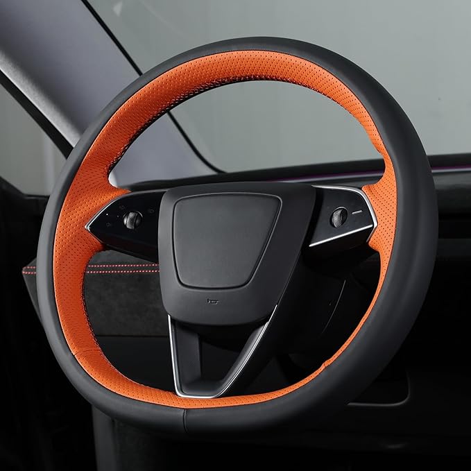 MEWANT DIY Stitching Real Leather Steering Wheel Cover Wrap for Tesla Model 3 Highland 2023-2025/Model Y 2025 Highland for Tesla Model 3/Model Y Accessories(3D Style)
