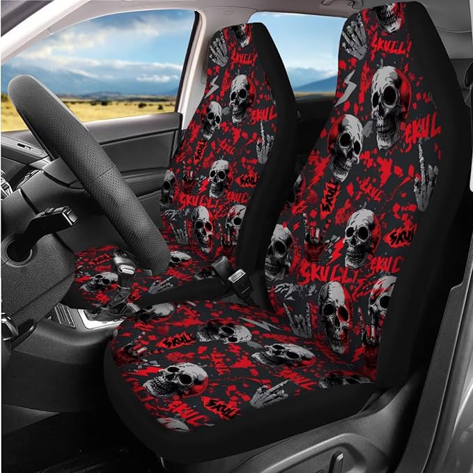 Halloween Skull Print Car Interior Accessories Set of 8, Car Seat Cover Full Set with Steering Wheel Cover, Center Console Pad, Seat Belt Pads, Universal Fit Cars SUVs Trucks