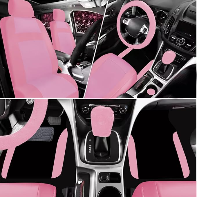Car Seat Cover Full Set for Women with Waterproof Floor Mats,3D Air Mesh Car Seat Cover with 5mm Composite Sponge Inside,Universal Fluffy Steering Wheel Cover, Accessories Full SUV(Pink)