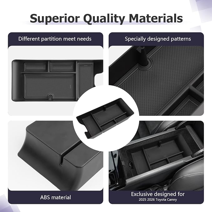 LUWU Center Console Organizer for 2025 2026 Toyota Camry (XSE/XLE/SE/LE) Accessories Armrest Console Storage Box Glove Organizer Tray ABS Material for 9th Gen Camry Interior Accessories Black