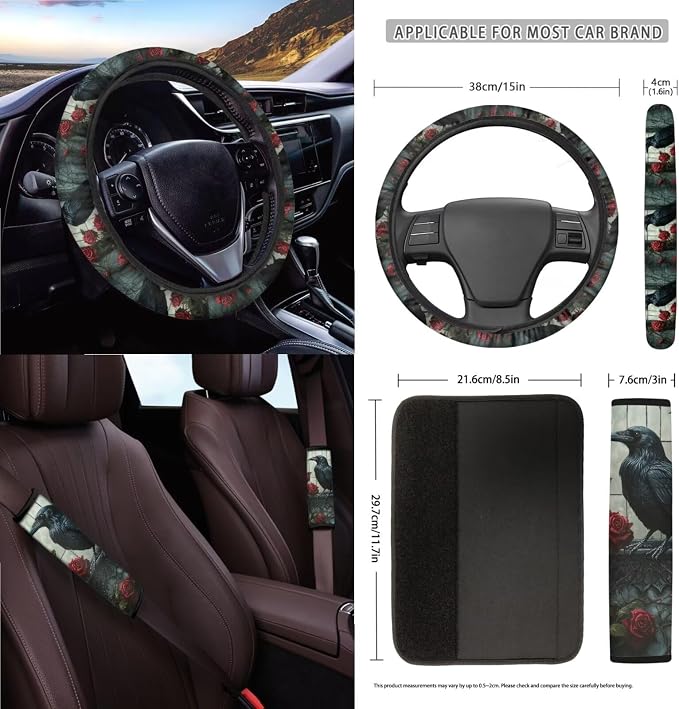 Crow Rose Flower Pattern Car Accessories Set of 15, Full Set Seats Covers, Auto Streering Wheel Cover Trash Bin, Seat Belt Pad Keychain Coasters Air Vent Storage Bag