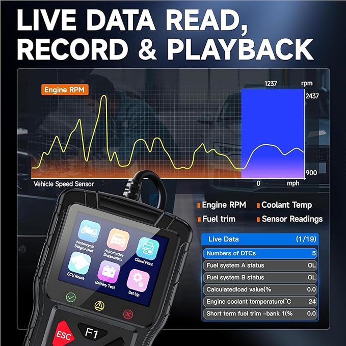 M60 2-in-1 OBD2 Scanner for Car & Motorcycle, Enhanced Live Data & Engine Fault Code Reader, Diagnostic Scan Tool for Error Check and Clear,Used for Almost OBDII Protocol Vehicles (Black)