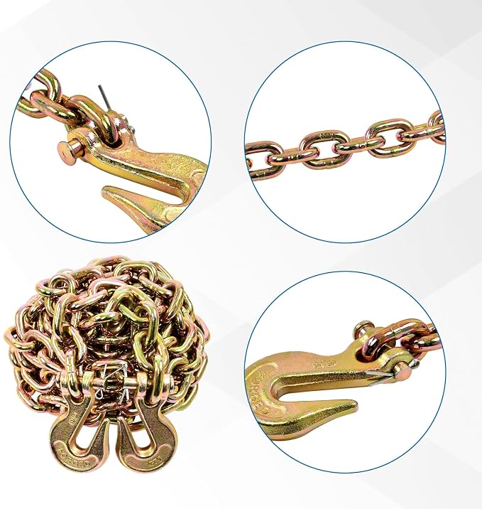3/8 Inch x 16 Feet Transport Binder Chain G80 Safey Tow Chain with Grab Hooks 7100 Lbs Safe Work Load for Transporting Towing Tie Down Binding Equipment