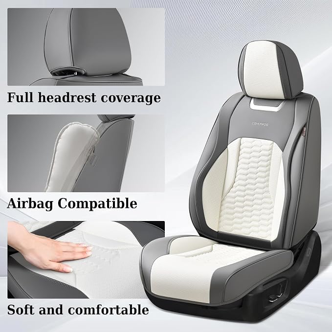 Coverado Car Seat Covers Front Seats, Luxury Leather Seat Covers for Cars, Automotive Car Seat Covers Protector Universal Fit Most Sedans, SUVs, Pick-up Trucks Interior Accessories(Gary&White)