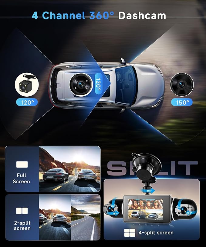 4 Channel 360° Dash Cam Front Rear Inside Left Right 3 Inch 2K Car Dash Camera WiFi Night Vision Motion Detection 24/7 Parking Mode Loop Recording Reverse Monitor Reversing with 64G TF Card