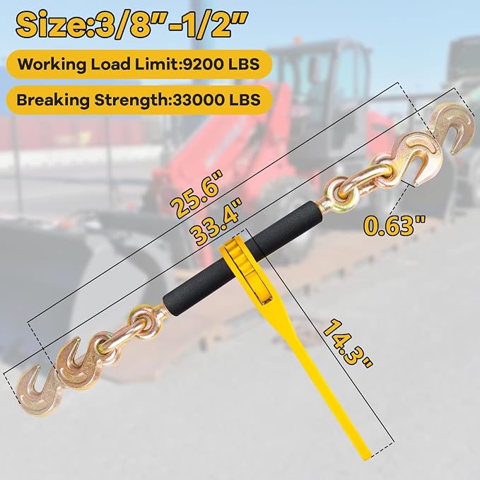 Chain Binders With 2 Grab Hooks, 4 Pack G80 3/8in-1/2in Heavy Duty Ratchet Binders, Tie Downs For Grade 80 Transport Chain, 9,200lbs Safe Working Load, For Material Handling, Hauling, Towing