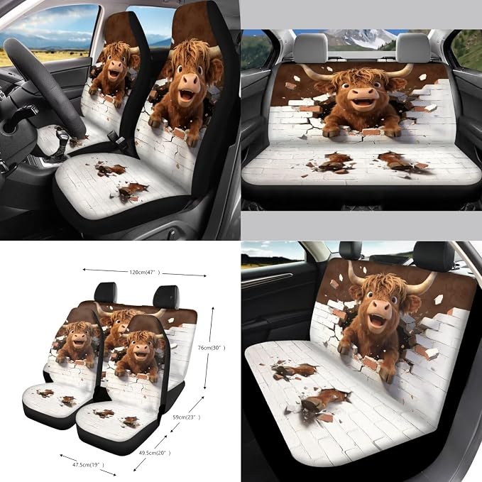 Wanyint 15 PCS Car Seat Covers Set for Women, with Steering Wheel Rear View Mirror Cover Seat Belt Pads Trash Bin Sunglass Pocket Coasters Key Chain Car Accessories, Funny Highland Cow Brown
