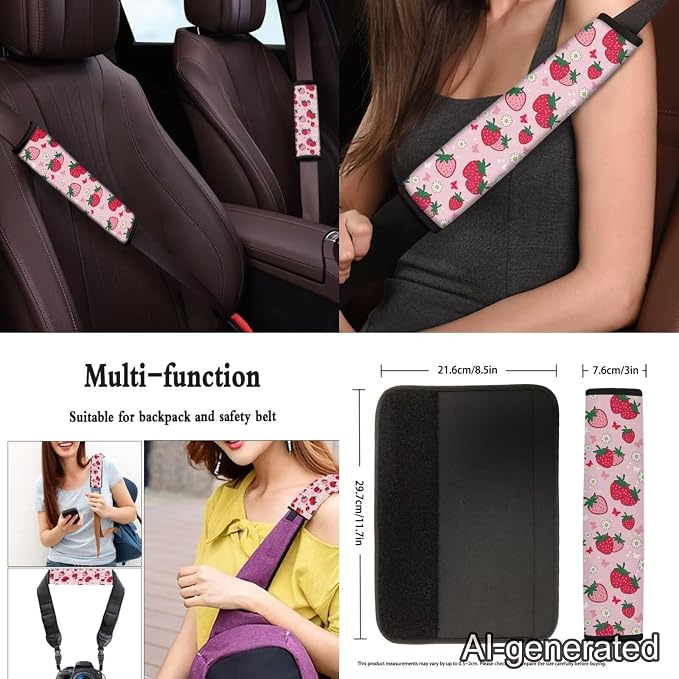 Cute Strawberry 12 Pieces Car Seat Covers Sets Steering Wheel Cover Steering Wheel Cover Car Console Covers Cars Seat Belt Cover Personalized for Most Cars, SUVs