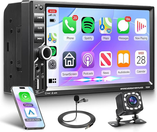 Rimoody Double Din Wireless Carplay Car Stereo Android Auto, 7 Inch Touch Screen 2 Din Car Radio with Mirror Link Bluetooth FM EQ SWC Dual USB Fast Charge Support Backup Camera