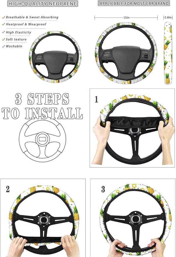 AFPANQZ Stylish Pineapples Car Seat Covers Full Set with Steering Wheel Cover/Gear Shift Knob Cover/Car Handbrake Cover/Seat Belt Shoulder Pads/Cup Holder Universal 11 Piece Gift Black Green
