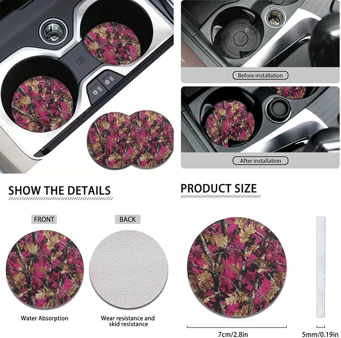 KEIAHUAN Pink Camo Hunting 11 Piece Car Seat Covers Full Set for Women Include Steering Wheel Cover Car Coasters Handbrake and Gear Shift Knob Cover/Headrest Cover for Sedan Truck Van