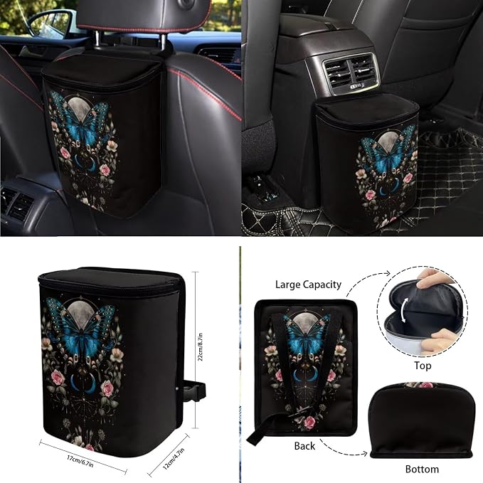 Butterfly Moon Daisy Rose Print Car Accessories Set of 10 Front and Back Seat Covers Cup Coasters Car Trash Bin Steering Wheel Cover Keychain Air Vent Storage Bag Univeral Fit