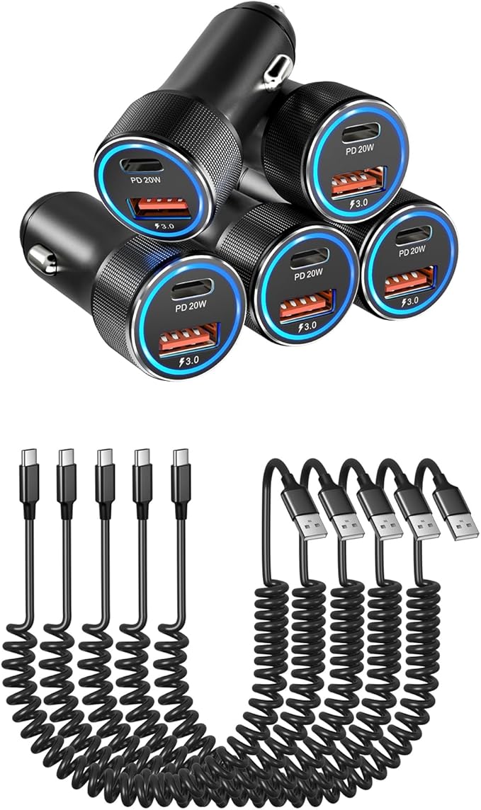 36W Dual Port Car Charger Adapter with 60W USB Type C Coiled Cable PD&QC 3.0 Fast Charging Cigarette Lighter USB Charger for iPhone, Galaxy, Pixel Devices