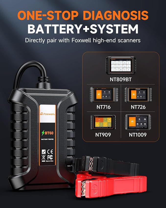 FOXWELL BT60 12V Bluetooth Battery Tester, Car Alternator Tester Compatible with Android/iPhone Battery Load Tester, SOH/SOC/Cranking/Charging System Analysis for Car/RV/Motorcycle/Boat
