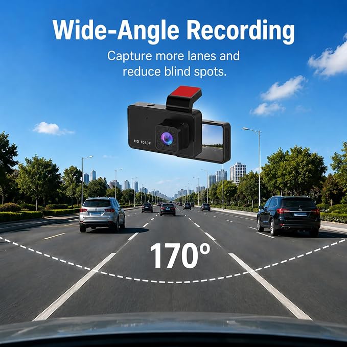 3-inch 1080p High-Definition Dashcam for Cars with Super Night Vision, 170° Large Wide-Angle, 24 Hour Recording, G-Sensor Parking Monitoring Loop Video Motion Detection