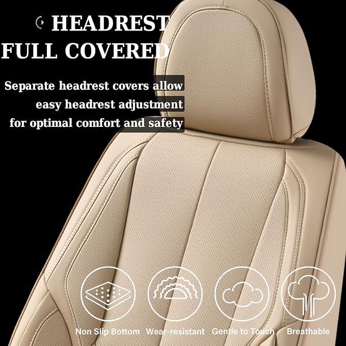 Coverado Car Seat Covers Full Set, Car Seat Protector Waterproof, Nappa Leather Car Seat Cushion, Beige Seat Covers for Cars, Front Seats and Back Universal Fit for Most Cars