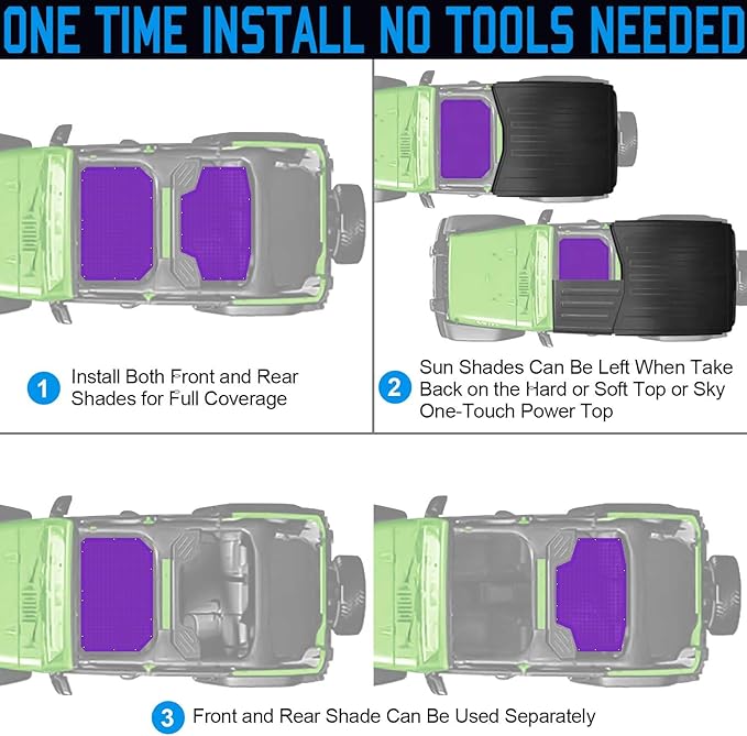 JK Sun Shade Top Compatible with Jeep Wrangler 4 Door 2007 to 2018 Sunshade Sunroof Bikini Cover Blocks UV Wind Noise Purple Mesh for Front and Rear 2 pcs