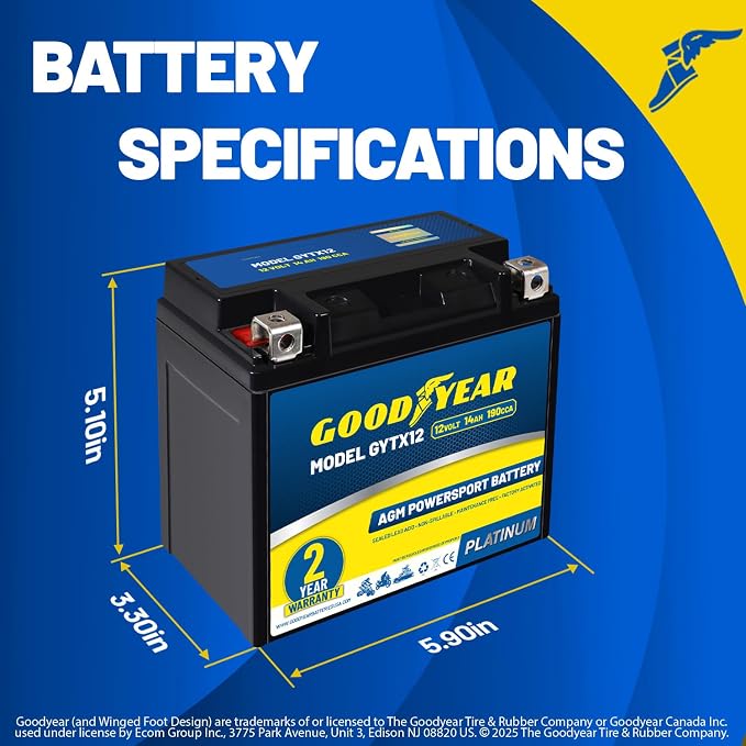 Goodyear GYTX12-12 Volt 14 AH, 190 CCA, Rechargeable High-Performance, Maintenance Free, SLA - AGM Battery for Motorcycle, ATV, UTV, 4-Wheeler, Snowmobile, Watercraft and more!