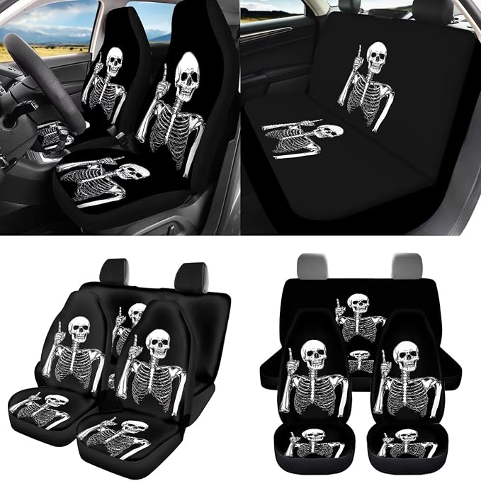 8 Pcs Finger Skull Car Seat Covers Full Set Car Accessories for Women Front Seat Cover Steering Wheel Armrest Cover Seat Belt Cover for Auto SUV Interior Decoration