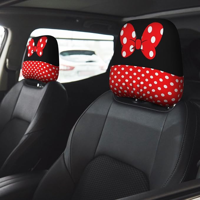Cute Black Polka Dot Red Bow Car Seat Headrest Cover and Steering Wheel Cover Car Coaster Set