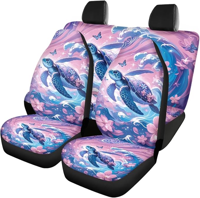 18 Pcs Pink Turtle Car Seat Covers Full Set for Women, Auto Interior Accessories with Steering Wheel Cover Floor Mats Armrest Cover Seat Belt Pads Roof Handle Wraps Cup Coaster Keychain