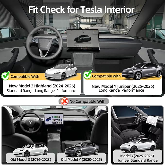 4-Piece Dual-Layer Center Console & Armrest Storage Box for 2024-2026 Tesla Model 3 Highland / 2025-2026 Model Y Juniper, Sliding/Lift-Up, Premium ABS, Tool-Free