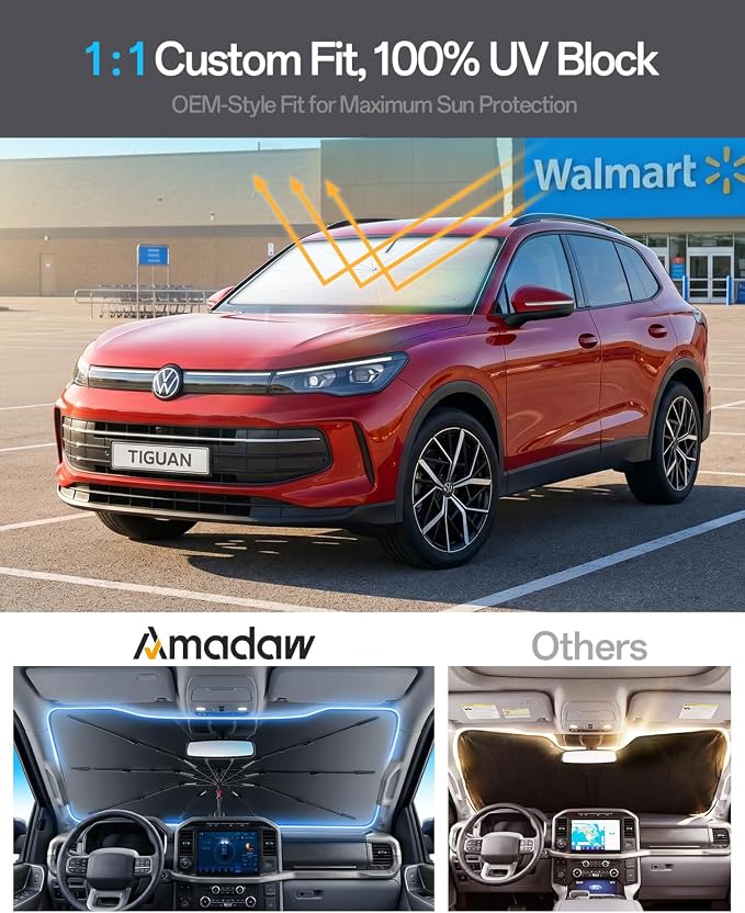 Windshield Sun Shade for Volkswagen Tiguan 2009–2026, Foldable Umbrella Sunshade with 100% UV Block, Multi-Layer Heat Insulation, Reinforced 10-Rib Frame, Keeps Car Cooler Summer Car Accessory