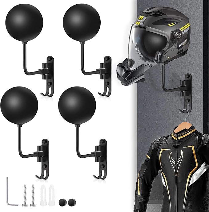 Kikerike Motorcycle Helmet Rack Wall Mount 180 Degree Rotation Metal Bike Helmet Holder Mount Bicycle Helmet Display Hanger Stand with 2 Hooks for Motorcycle Bike Baseball Rugby Helmet - Black, 4 Pcs