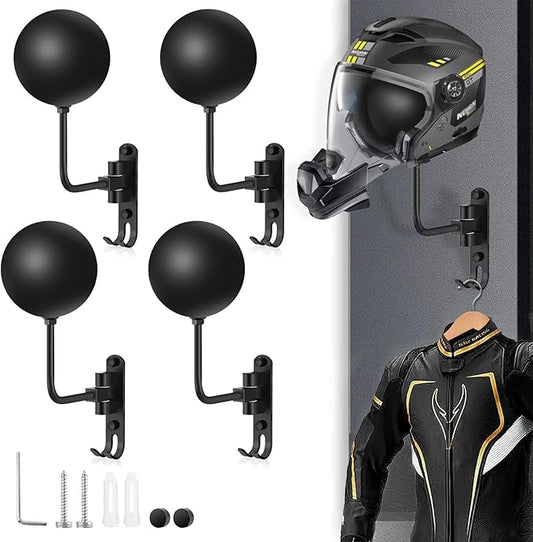Kikerike Motorcycle Helmet Rack Wall Mount 180 Degree Rotation Metal Bike Helmet Holder Mount Bicycle Helmet Display Hanger Stand with 2 Hooks for Motorcycle Bike Baseball Rugby Helmet - Black, 4 Pcs