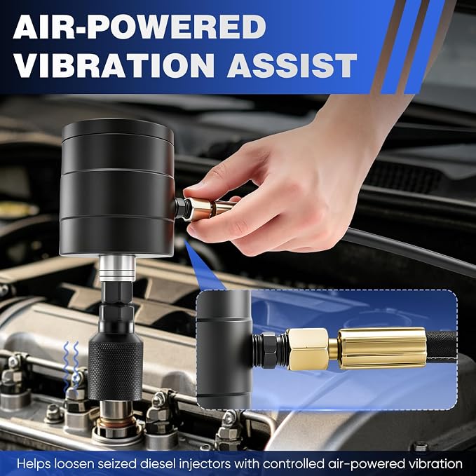 SakerPlus Universal Diesel Injector Removal Kit, Pneumatic Injector Puller Tool Set with Adapter Assortment, Air-Powered Vibration Injector Extractor for Diesel Engine Service, Blow Molded Case