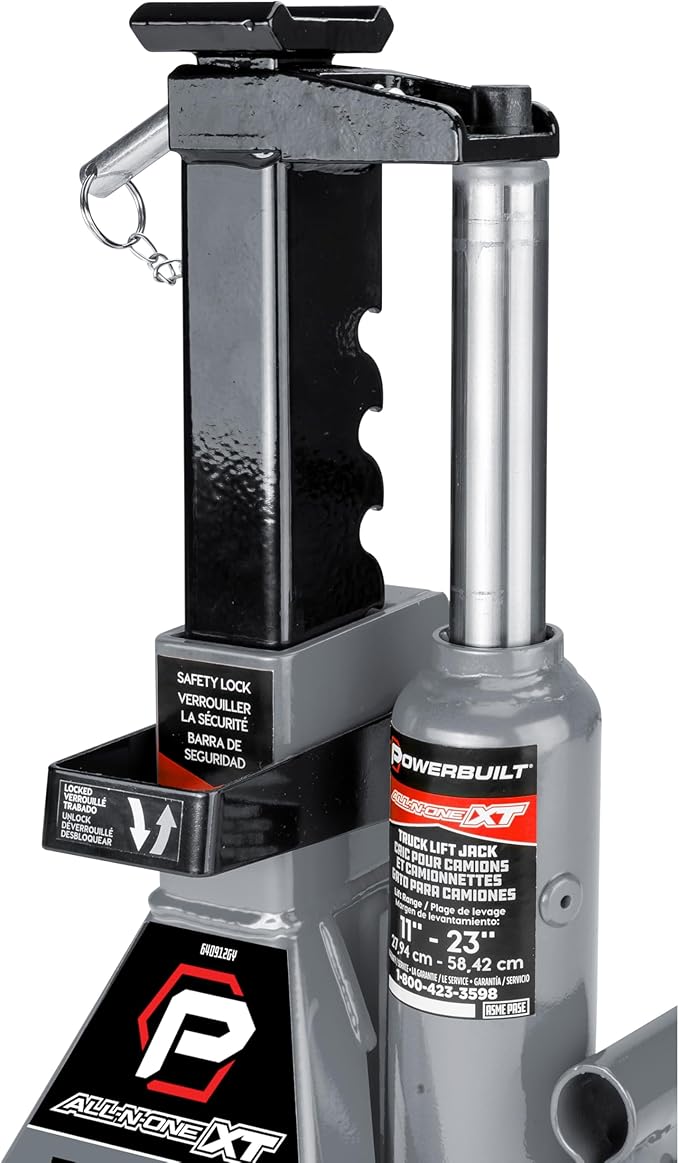 POWERBUILT 3 Ton All-in-One Hydraulic Bottle Jack and Jackstand in One, Compact, Wide Base, 11-21 Inch Range, Eliminates Jackstands, for Trucks, SUVs, RVs, Trailers, ASME, Not for Sedans - 640912