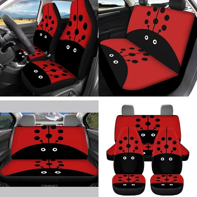 Ladybug Car Seat Covers Full Set for Women Cute Car Accessories Interior Car Steering Wheel Cover Seatbelt Covers Trash Bin Rear View Mirror Cover Cup Holders Keychain