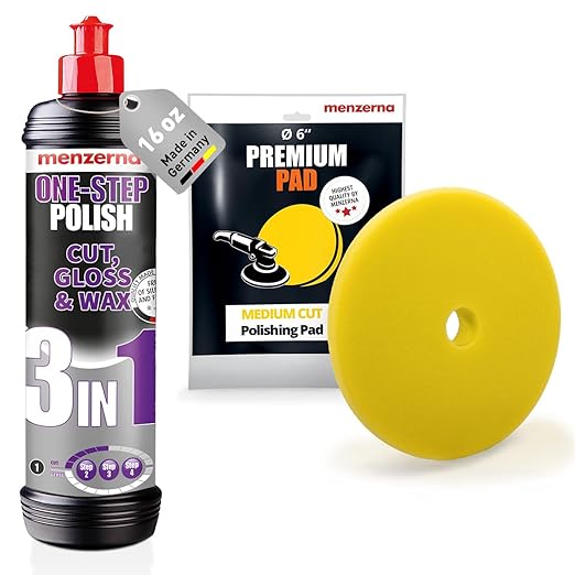 menzerna All-in-One polishing Kit I Car polishing Set with Menzerna One-Step Polish 3in1 (16oz) and 6 Inch Polishing Pad I Moderate Scratch Remover, high Gloss and Wax Kit for All Types of Vehicles