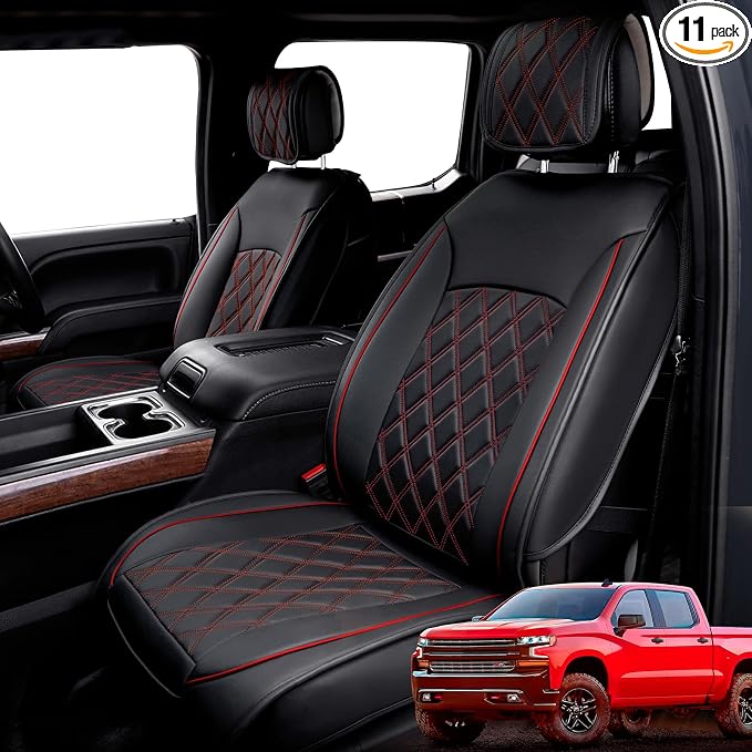 Seat Covers for Chevy Silverado & for GMC Sierra 2007-2024 2025 2026 | Precise Fit Black&Red Full Set