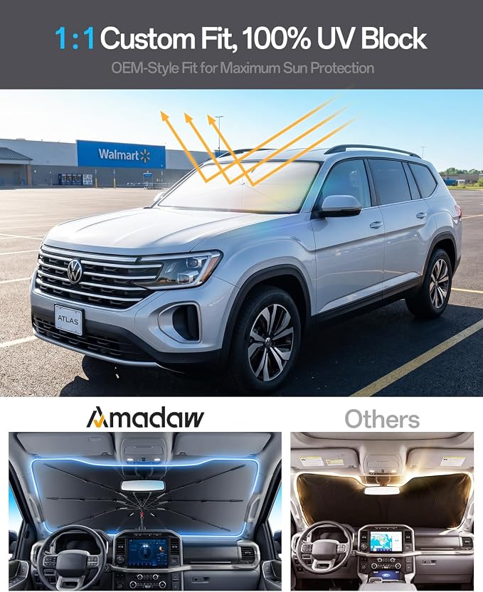 Windshield Sun Shade for Volkswagen Atlas 2018–2026, Foldable Umbrella Sunshade with 100% UV Block, Multi-Layer Heat Insulation, Reinforced 10-Rib Frame, Keeps Car Cooler Summer Car Accessory