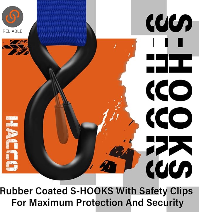 HACCOPLANET Ratchet Straps, 5280lb Break Strengeth, 1.6" Heavy Duty Ratchet Tie Down Strap Set w/Padded Handle, S Hook, Soft Loop for UTV Motorcycle Truck Cargo Straps (Blue, 16FT)