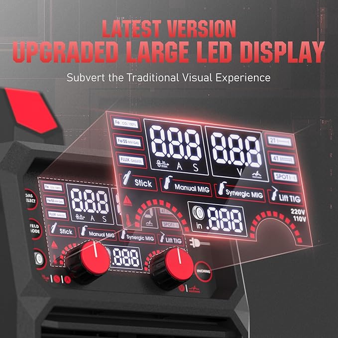 YESWELDER 140A MIG Welder, 110V/220V Dual Voltage, 4 in 1 Gas MIG/Flux Core MIG/Lift TIG/Stick Multiprocess Large LED Digital Display MIG Welding Machine