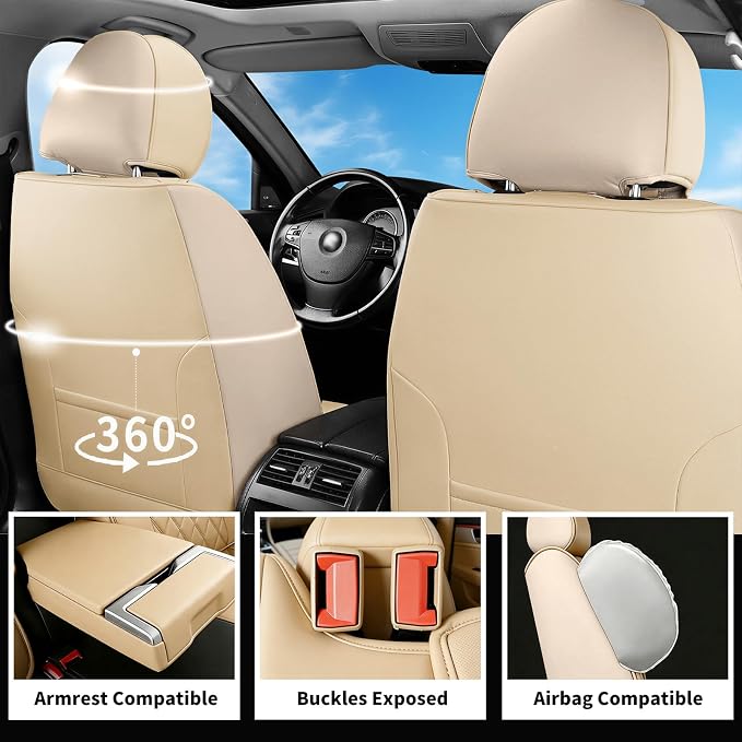 Fit Expedition Car Seat Covers for Ford Expedition 2011-2025 2026(Only 5-Seat Version) - Luxury Leather, All-Weather Seat Cushions, Waterproof, Airbag Compatible, Full 5-Seat Set (Beige)