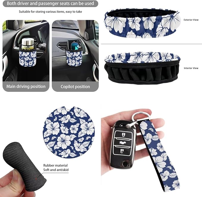 Dreaweet Car Seat Covers Full Set for Women Blue Hibiscus Flowers Car Accessories Universal Steering Wheel Cover Seat Belt Pads Trash Bin Rearview Mirror Cover Cup Holders Keychain Air Vent Holder