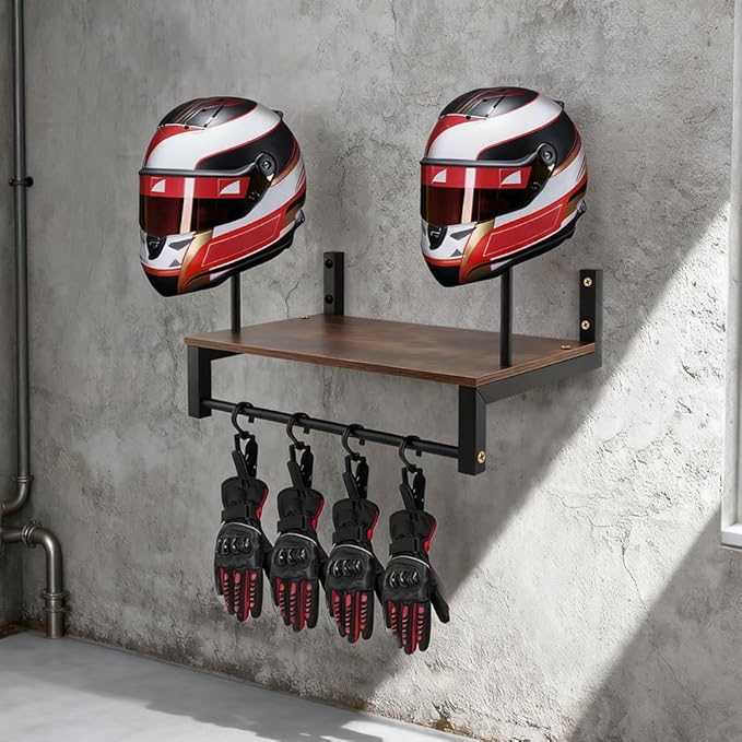 Motorcycle Helmet Holder Wall Mount, 2 Helmet Stands with Gear Rack and 4 Detachable Clips, Wooden and Metal Helmet Organizer for Garage or Entryway, Includes Helmet Storage Bag