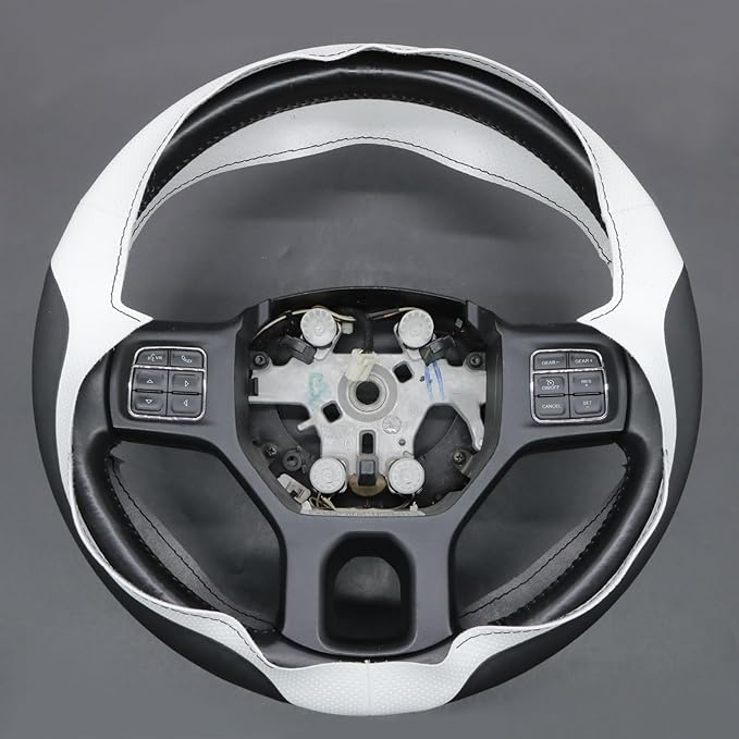 MEWANT Hand Stitch Steering Wheel Cover for Dodge Ram 1500 2500 3500 2004-2008 White Black Faux Leather Steering Wrap