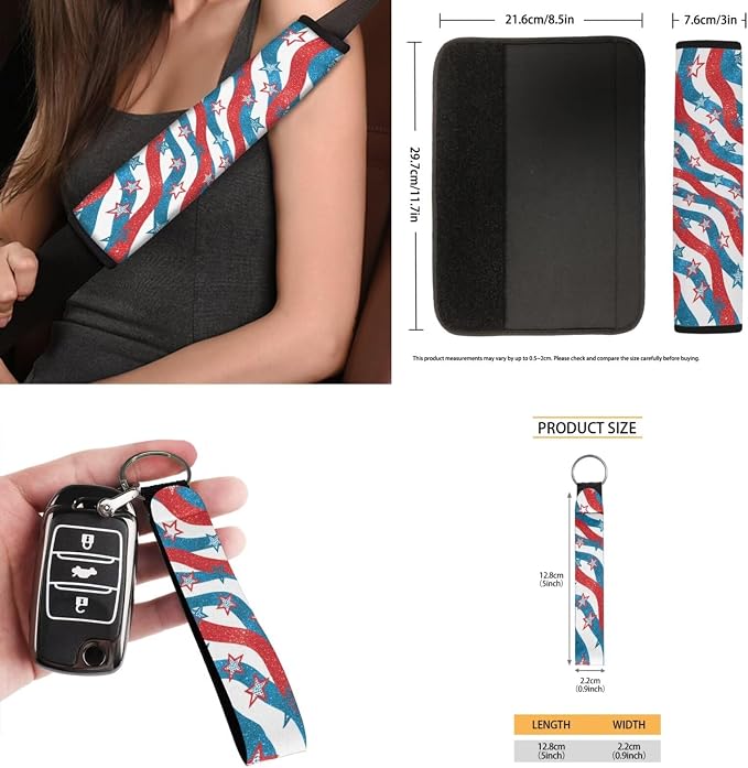 Red and Blue Stripe Stars Auto Interior Accessories Car Seat Covers with Auto Steering Wheel Cover Seat Belt Covers Car Trash Can View Mirror Cover Coaster Keychains