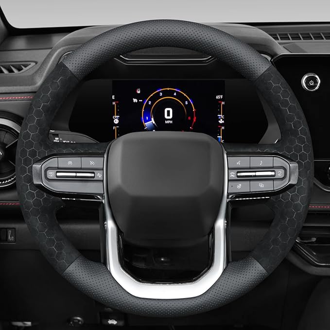 MEWANT Hand Stitch Black Faux Leather Hexagon Embossed Athsuede Steering Wheel Cover for Chevy Colorado ZR2 Bison 2024