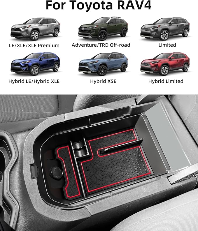 Armrest Organizer and Center Console Organizer for 2025-2020 Toyota RAV4, Center Console Organizer with Removable Rubber Mat, Center Console Tray Custom for Toyota RAV4 Accessories, Red