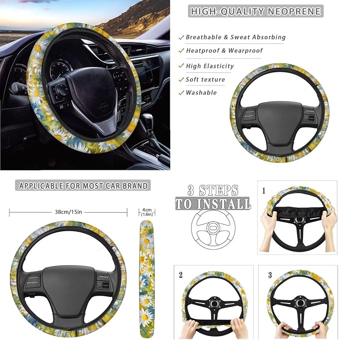 Car Seat Covers 13PCS Car Accessories Steering Wheel Covers+Seat Belt Pads+Coaster+Key Ring+Lipstick Holder Auto Interior Decor,Black, Colored Daisy Floral Print