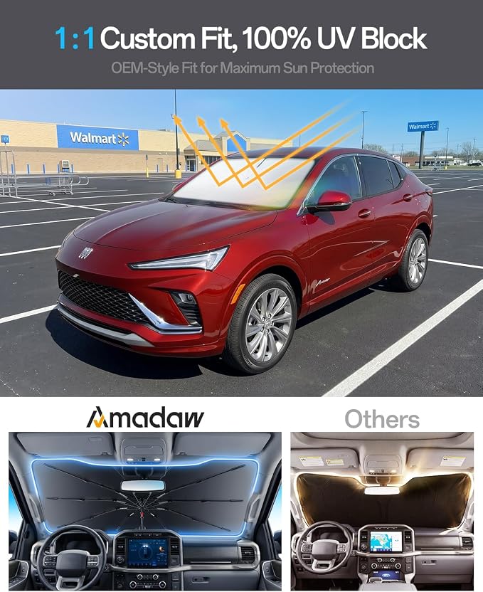 Windshield Sun Shade for Buick Envista 2024–2026, Foldable Umbrella Sunshade with 100% UV Block, Multi-Layer Heat Insulation, Reinforced 10-Rib Frame, Keeps Car Cooler, Summer Car Accessory