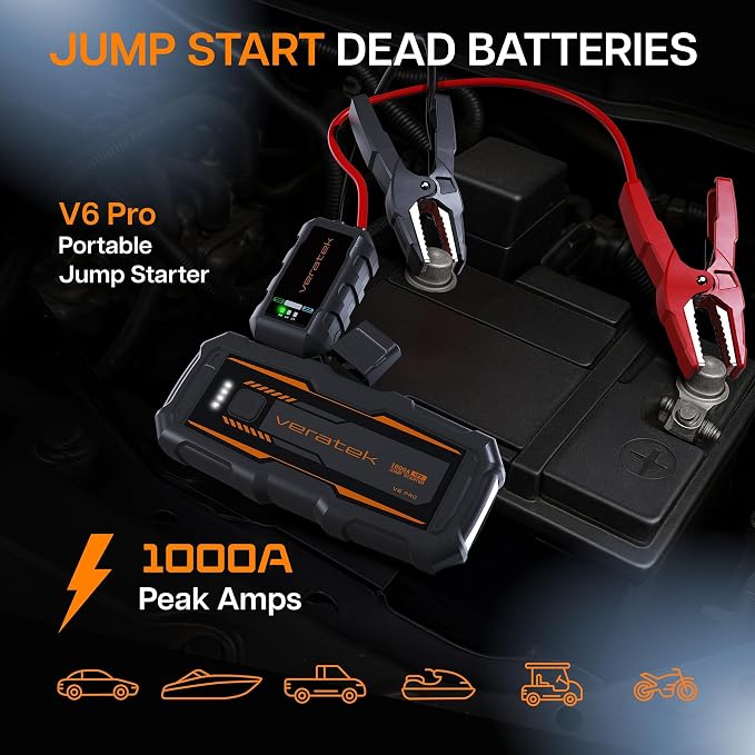 ReelCharge - Veratek V6 Pro 1000A Car Battery Jump Starter Portable (6.0L Gas & 3.0L Diesel) – 12V Lithium Battery Booster Pack with SmartCharge Safety, Jumper Cables, 10000mAh Power Bank, Jump Box.