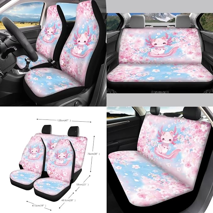 Cute Axolotl Print Car Accessories Seat Covers Full Set Cherry Blossom Print Car Front Back Seat Cover Steering Wheel Cover Safety Belt Pads Car Rear View Mirror Protector