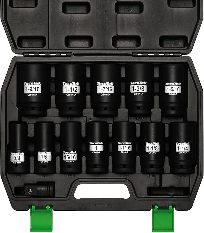 TecoTek 3/4" Drive Deep 6-Point Impact Socket Set, 13-Piece Jumbo Assortment, Cr-Mo, SAE (3/4" to 1-9/16"), 1/2" F to 3/4" M Impact Socket Adapter, for Large Vehicle and Apparatus Maintenance